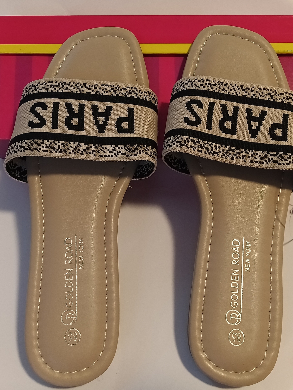 Golden Road New York "PARIS" Embroidered Canvas Slide Sandals - Beige Size 8.5